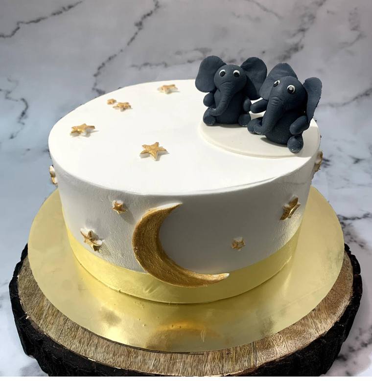 Moon and stars cake with elephant toppers