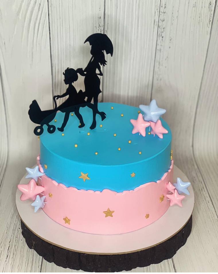 Pink and blue gender reveal cake with silhouette topper